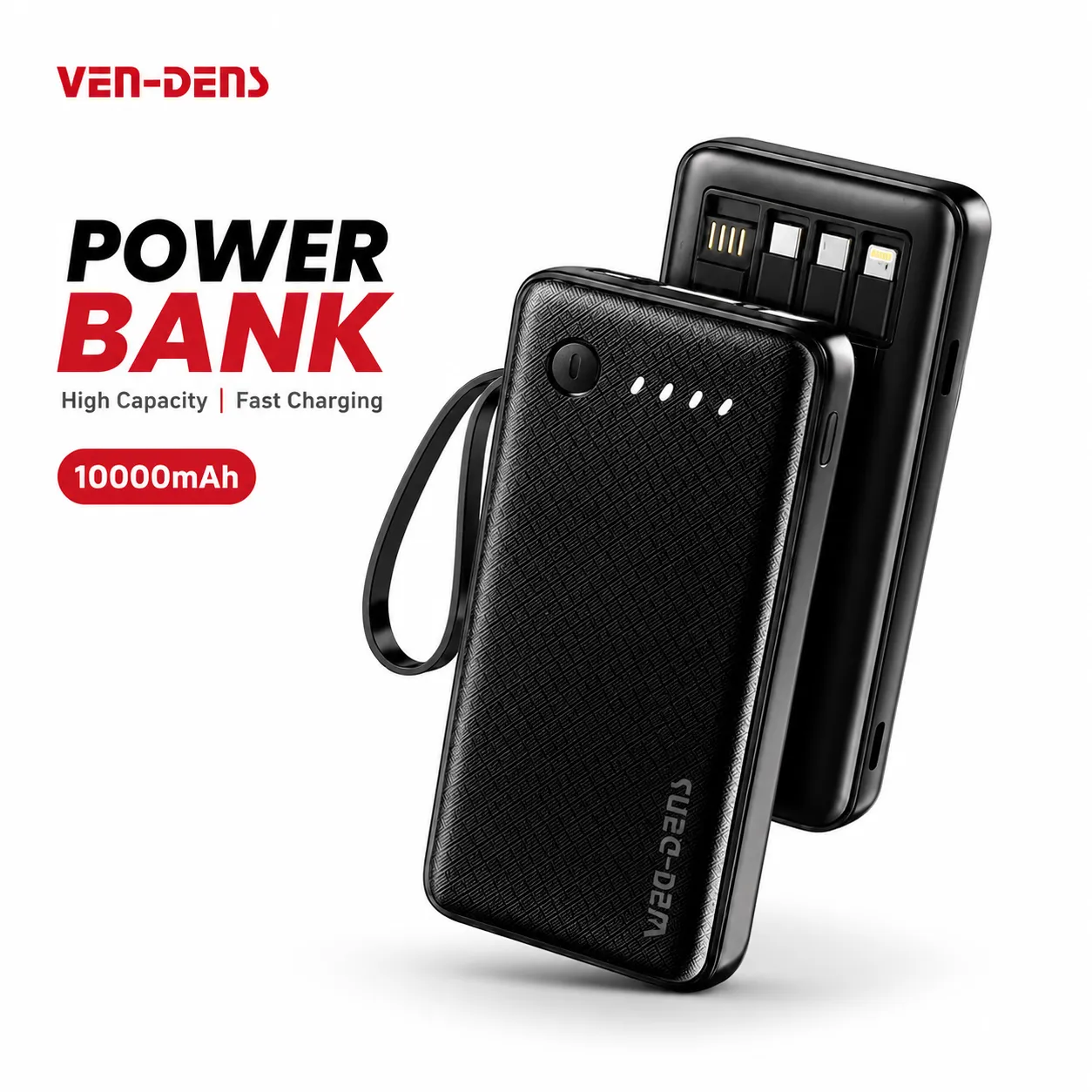 VEN-DENS 10000mAh Power Bank (VD-PB058) – Portable Charger with Built-in Type-C, Micro & Lightning Cables, Fireproof Shell & LED Indicator