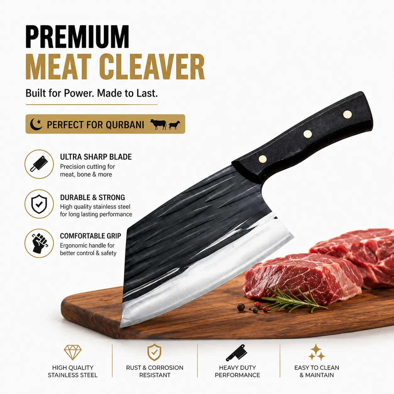 Premium Black Hammered Finish Kitchen Cleaver (Knife)