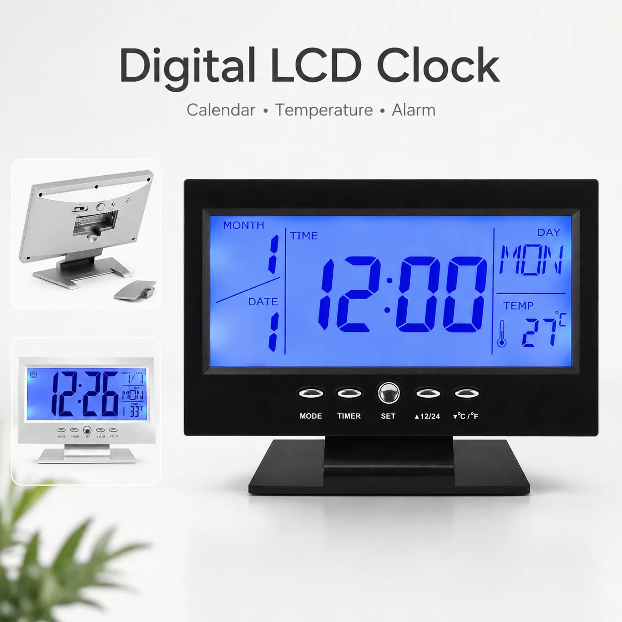 Digital LCD Clock with Calendar, Temperature Sensor, Alarm for Table and Study Desk