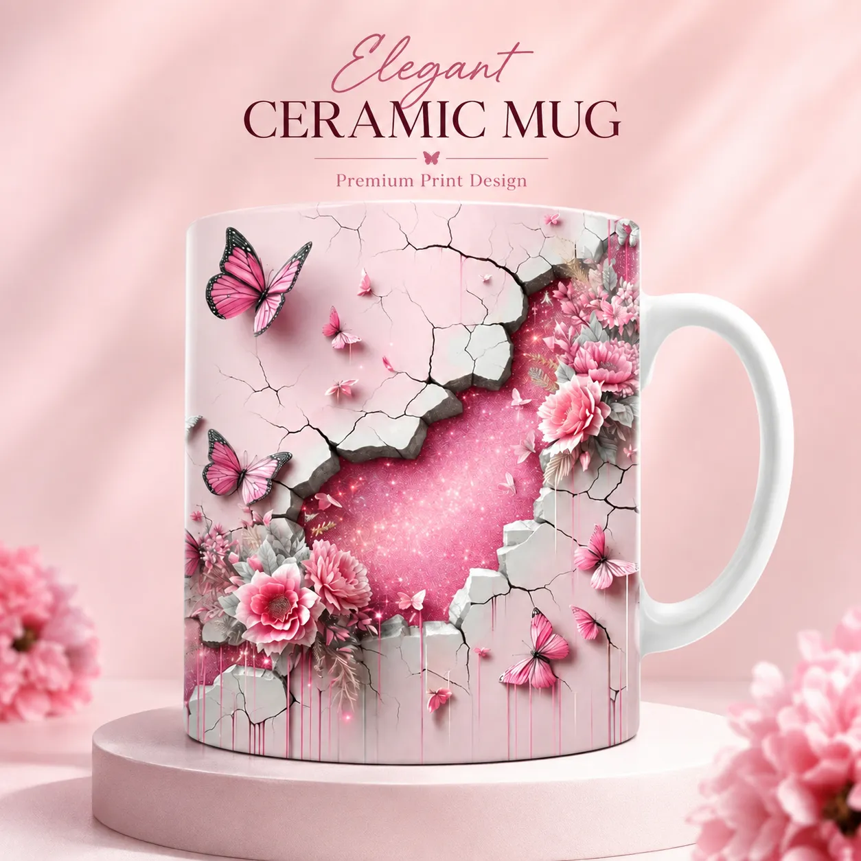 Pink Butterfly & Floral Ceramic Mug – Premium Wraparound Design Coffee Mug, Microwave & Dishwasher Safe