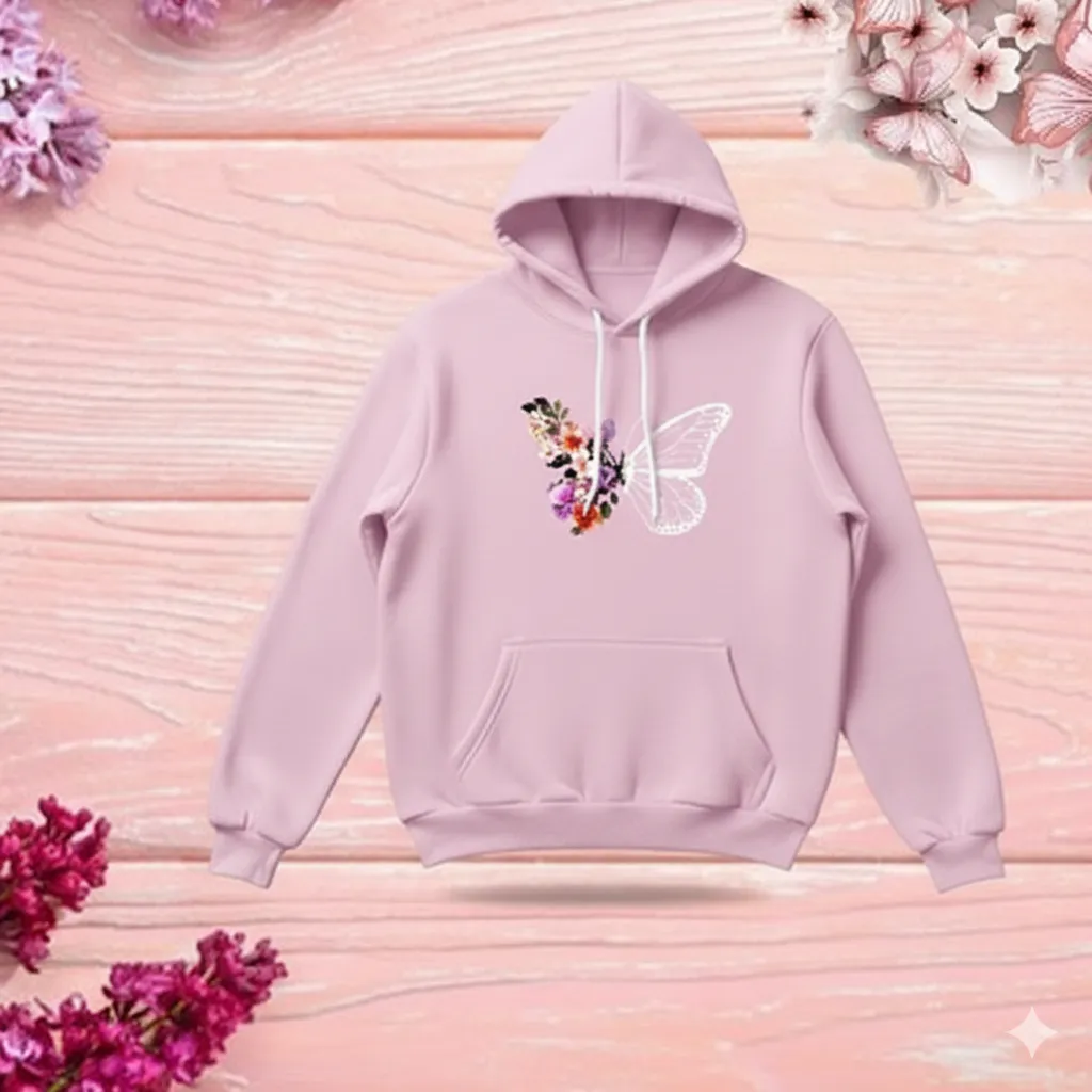 Premium Comfortable Stylish (Butterflies & Flowers-Pink) Ladies winter hoodie