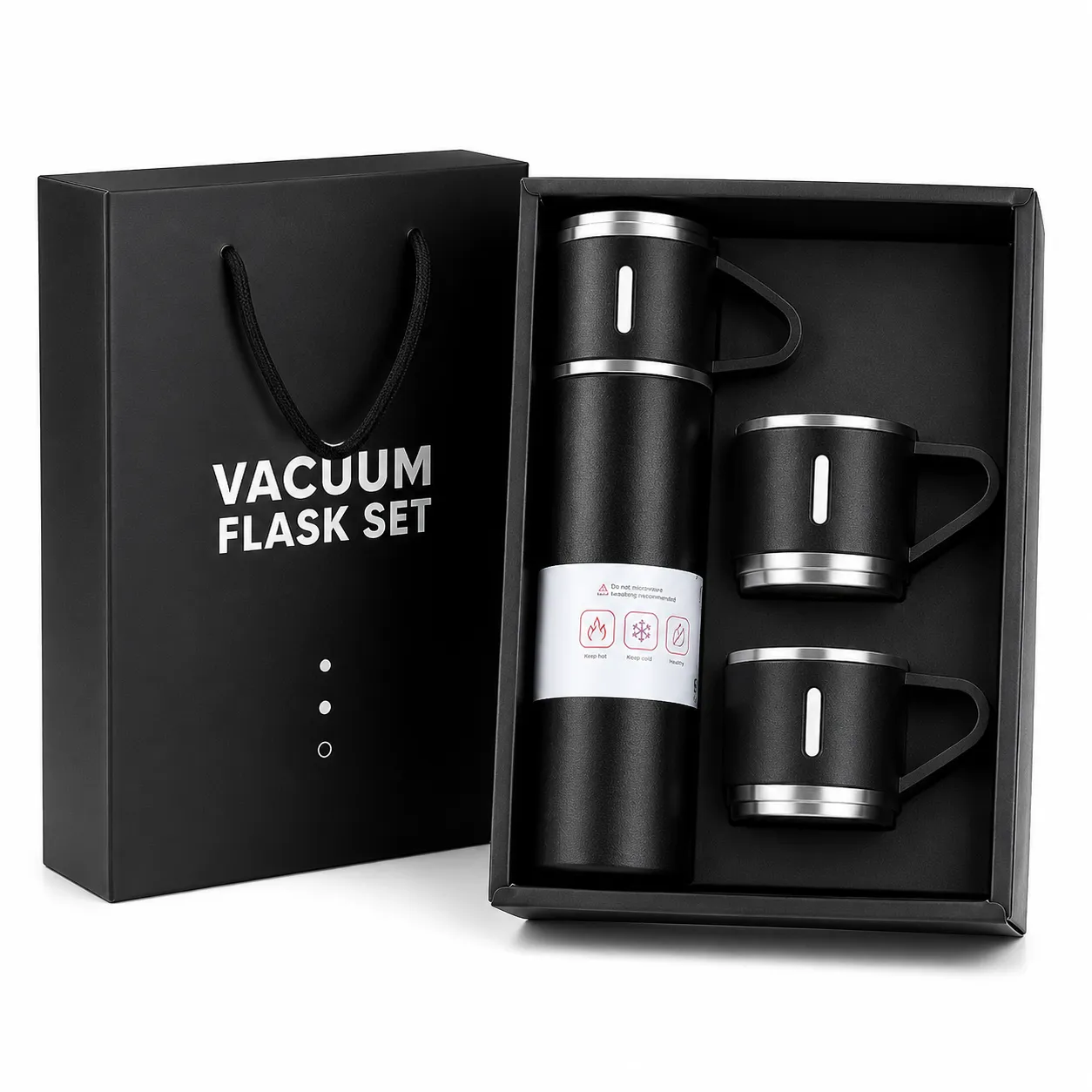 3-Piece Stainless Steel Vacuum Flask Set – 500ml Double-Wall Insulated Thermos Bottle with Cups for Hot & Cold Drinks, Travel & Gifting