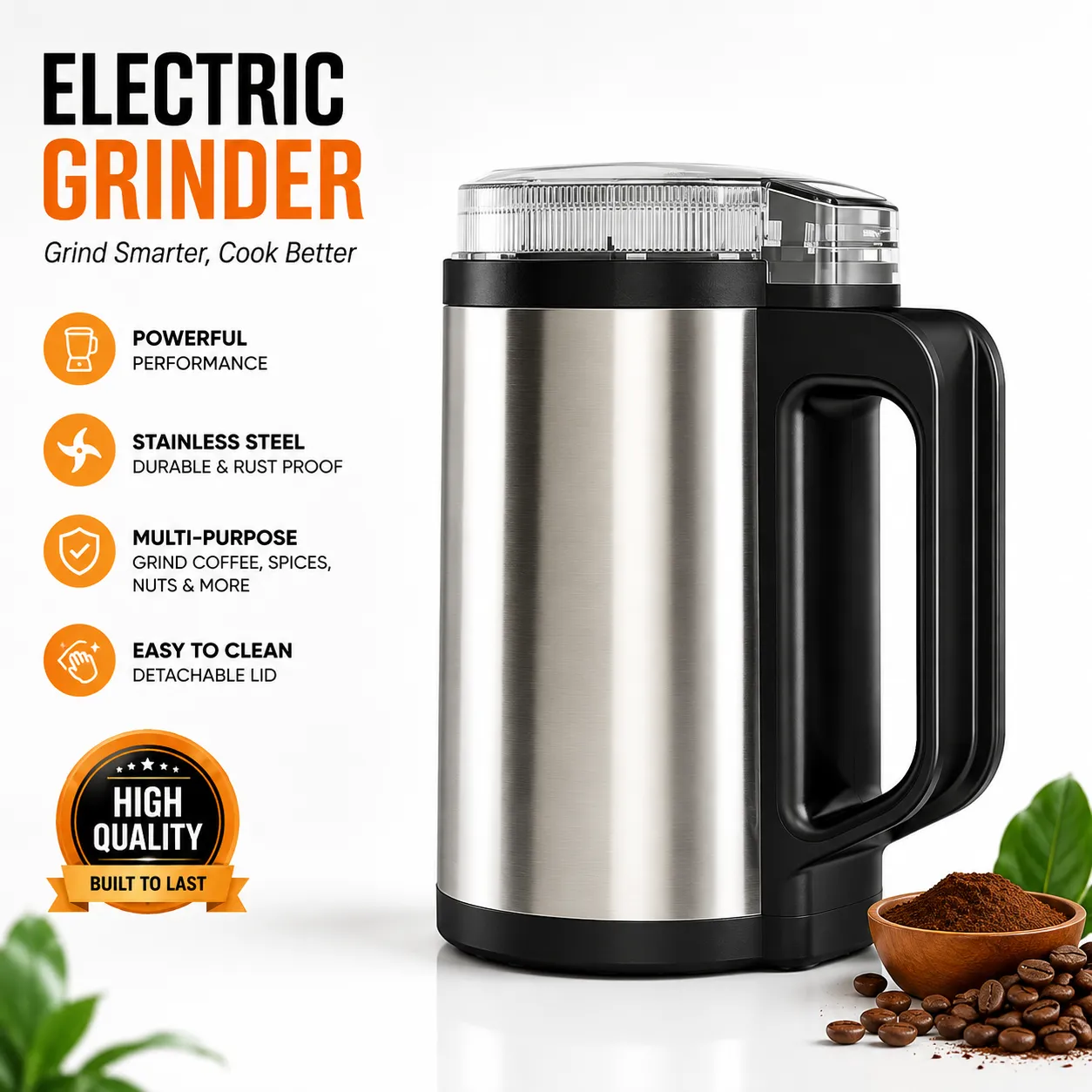 Silver Crest RAK-001 Electric Grinder – 1200W-1500W Heavy-Duty Stainless Steel Multi-Purpose Spice, Coffee Bean & Dry Grain Grinder
