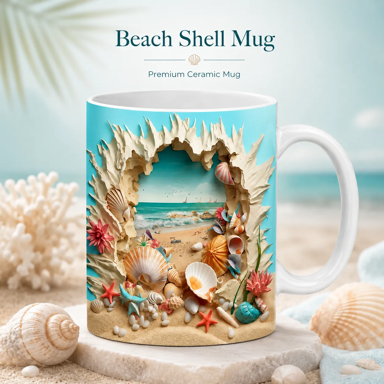 Beach Shell Mug – Premium Ceramic Coffee Mug with Wraparound Ocean Shore Design, Microwave & Dishwasher Safe