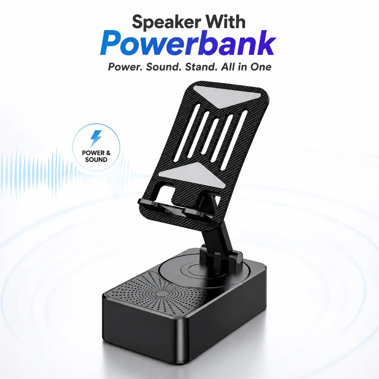 3-in-1 Foldable Mobile Phone Holder with Bluetooth Speaker – Adjustable Desktop Phone Stand, TWS 5.3 Audio, Power Bank & Portable Stand