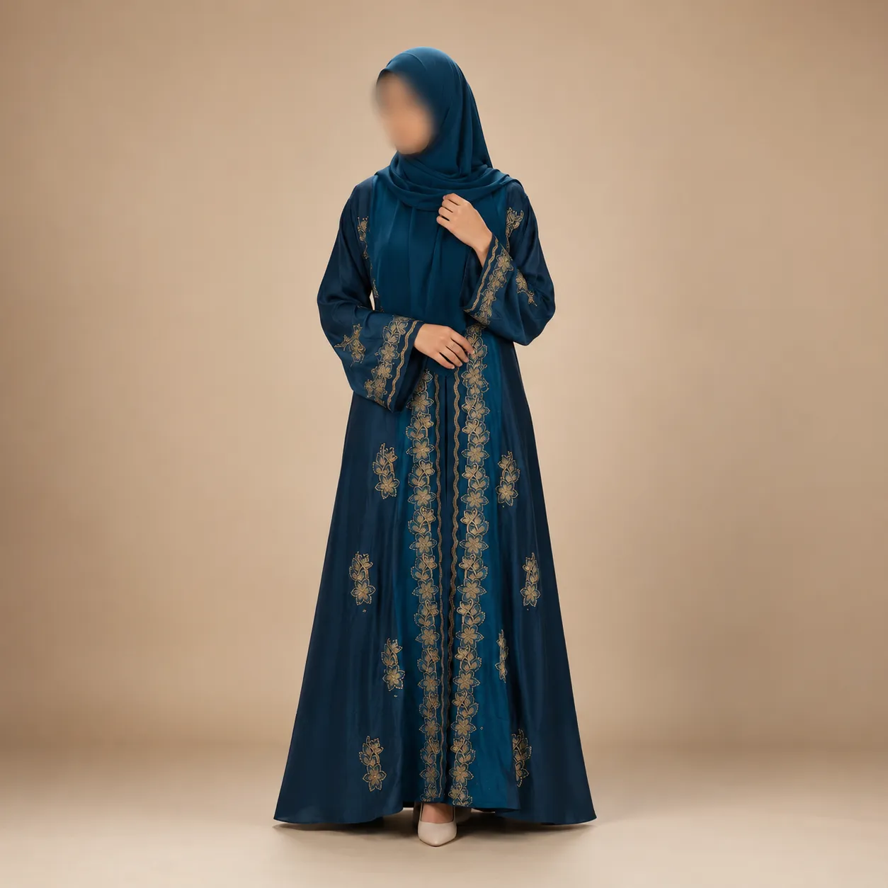 Premium Zafran Felix Luxury Abaya with Embroidery & Stone Work | Matching Hijab & Adjustable Inner | Modest Fashion Teal Blue