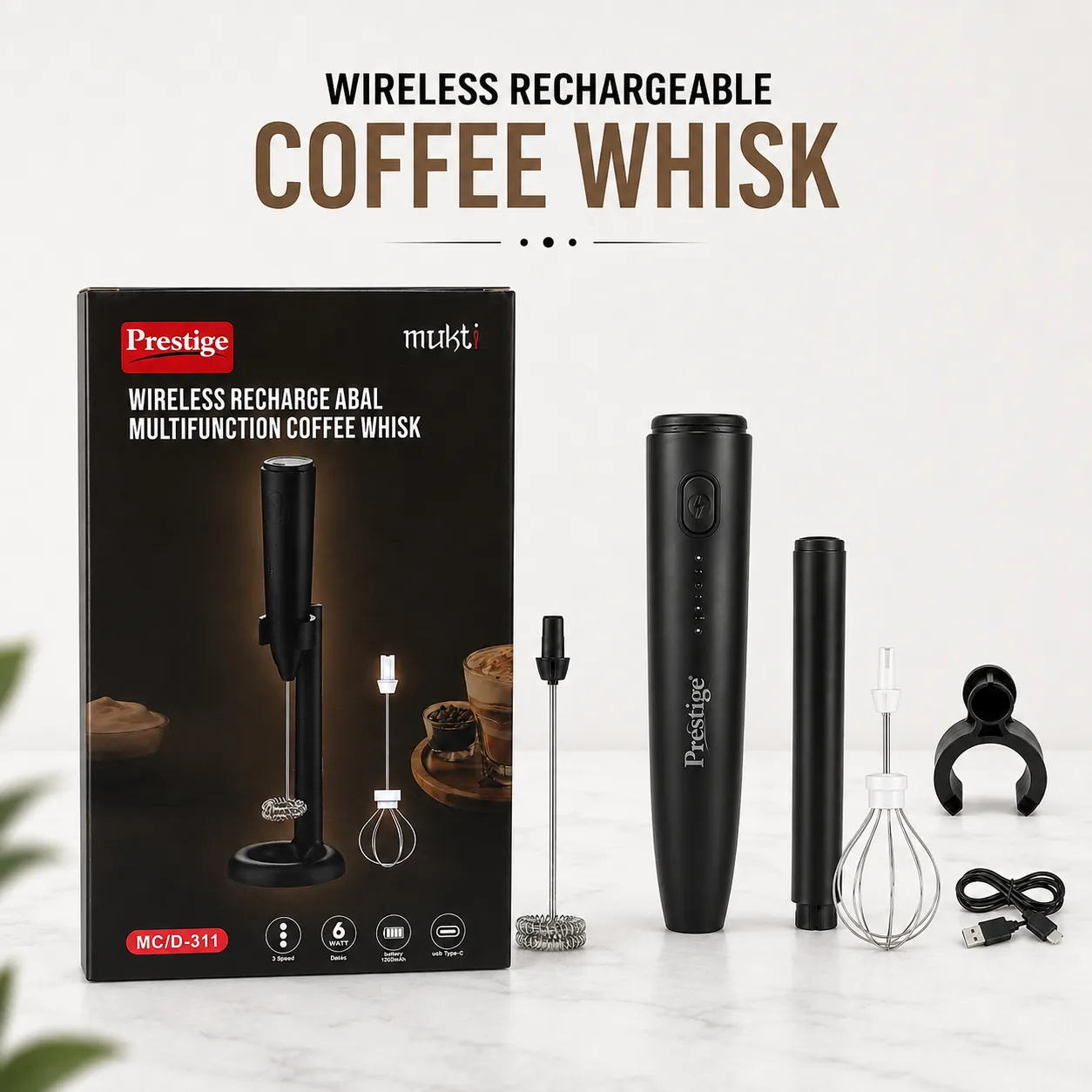 Prestige Mukt 2-in-1 Rechargeable Coffee Foamer & Milk Frother – 3-Speed Wireless Electric Handheld Whisk with Stand & Type-C Charging for Coffee, Eggs & Shakes