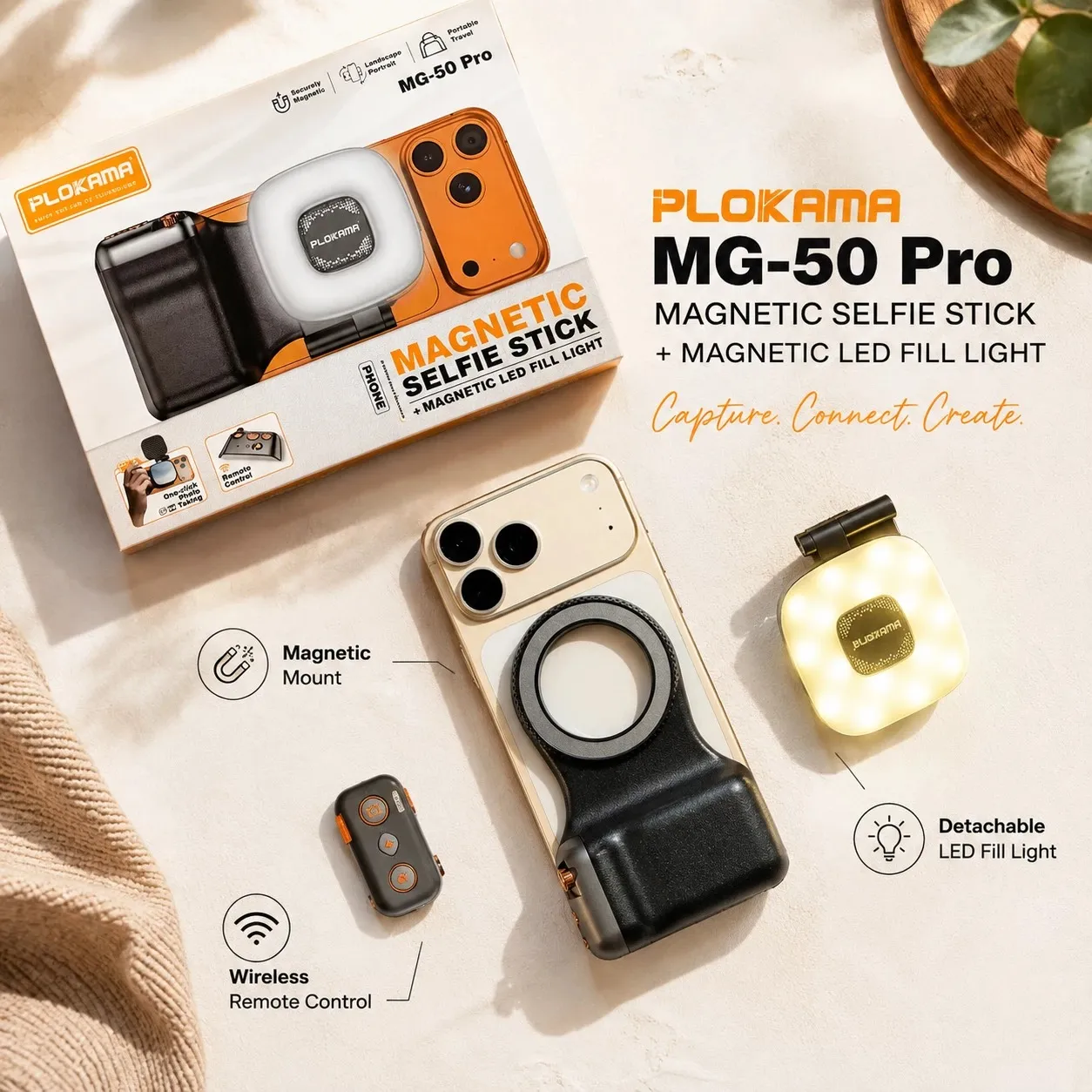 Plokama MG-50 Pro Magnetic Selfie Stick with LED Fill Light & Remote