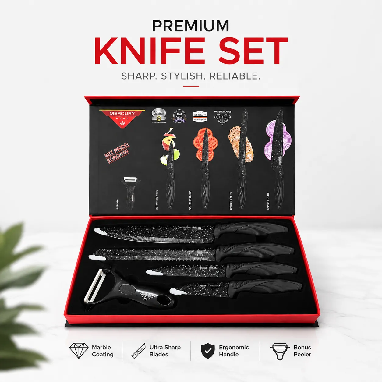 Zepter 5-Piece Non-Stick Kitchen Knife Set – Super Sharp High-Carbon Stainless Steel Knives with Peeler & Ergonomic Curved Blades for Cutting, Fruit & Vegetables