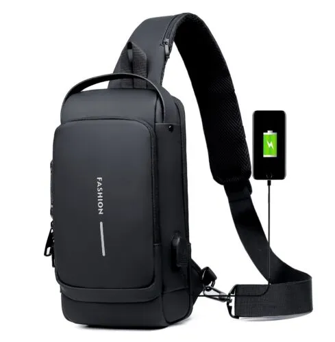 USB charging sport sling Anti-theft shoulder bag (Black)