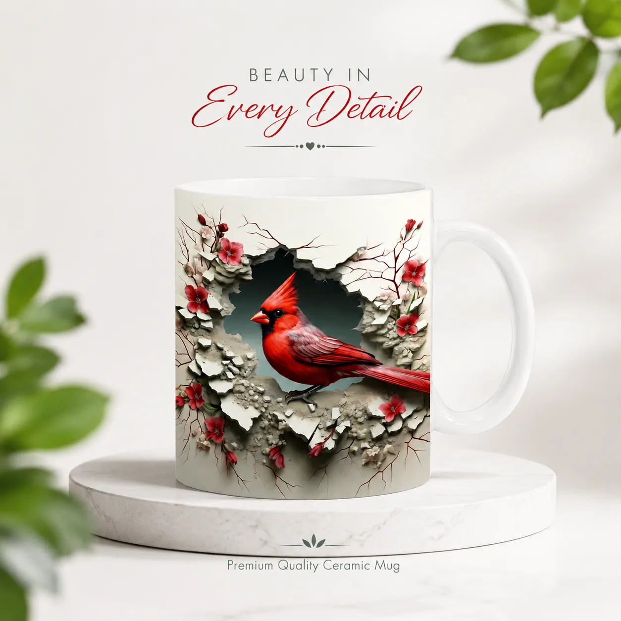 Red Cardinal Bird Ceramic Mug – Premium Wraparound Design Coffee Mug with Floral & Branch Print, Microwave & Dishwasher Safe