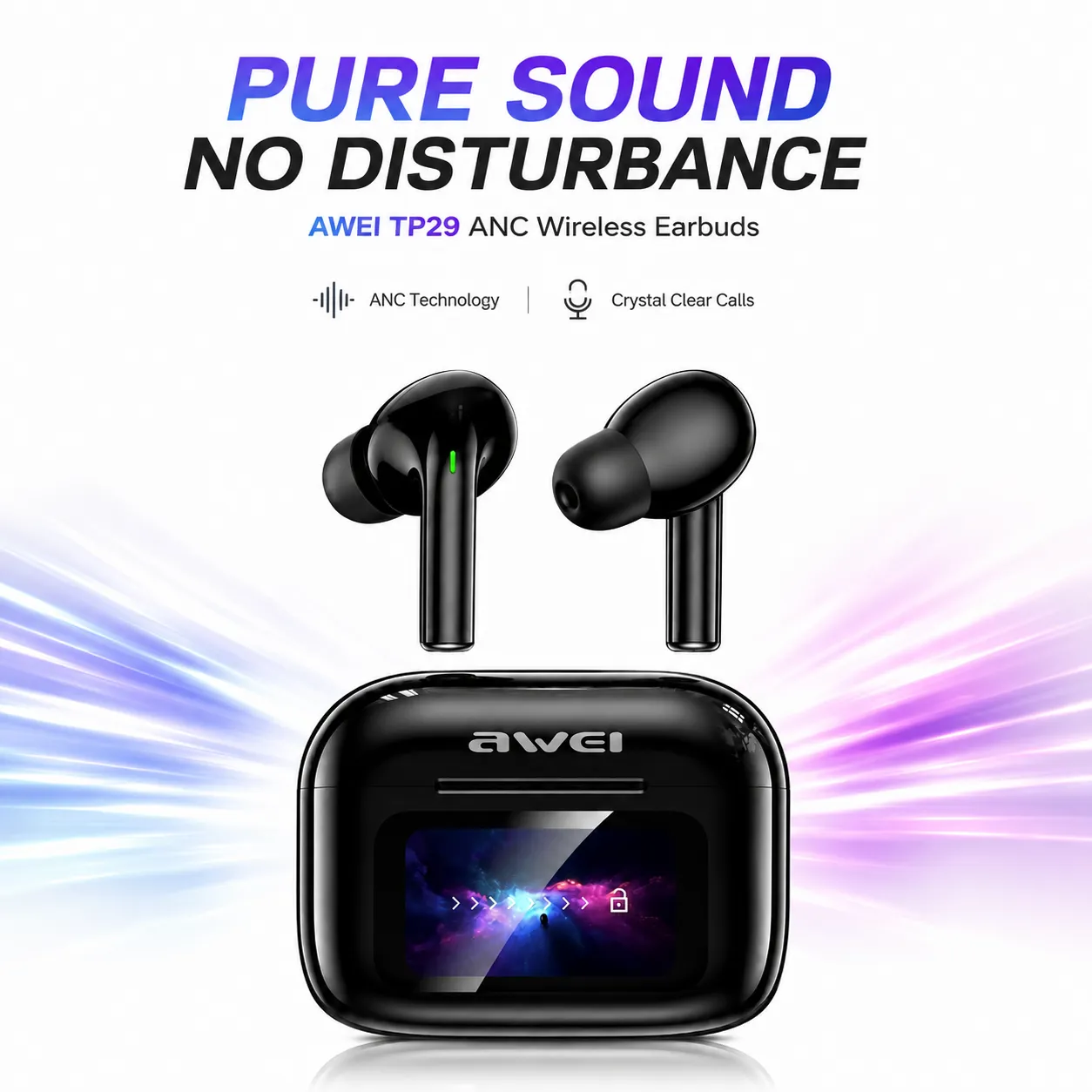 Awei TP29ANC AI Translation & ANC Wireless Earbuds – Bluetooth 6.0 Real-Time Translator Earphones with 147 Languages, 10mm Driver & LCD Touch Screen